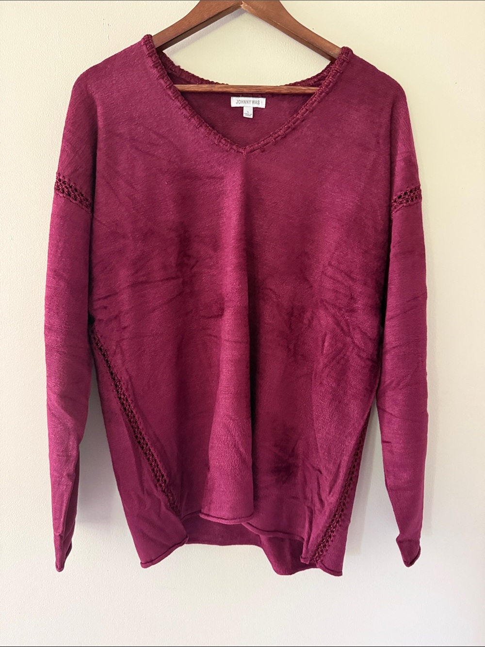 Johnny Was Velvet Whipstitch Pullover Top Burgundy Large NWT $328